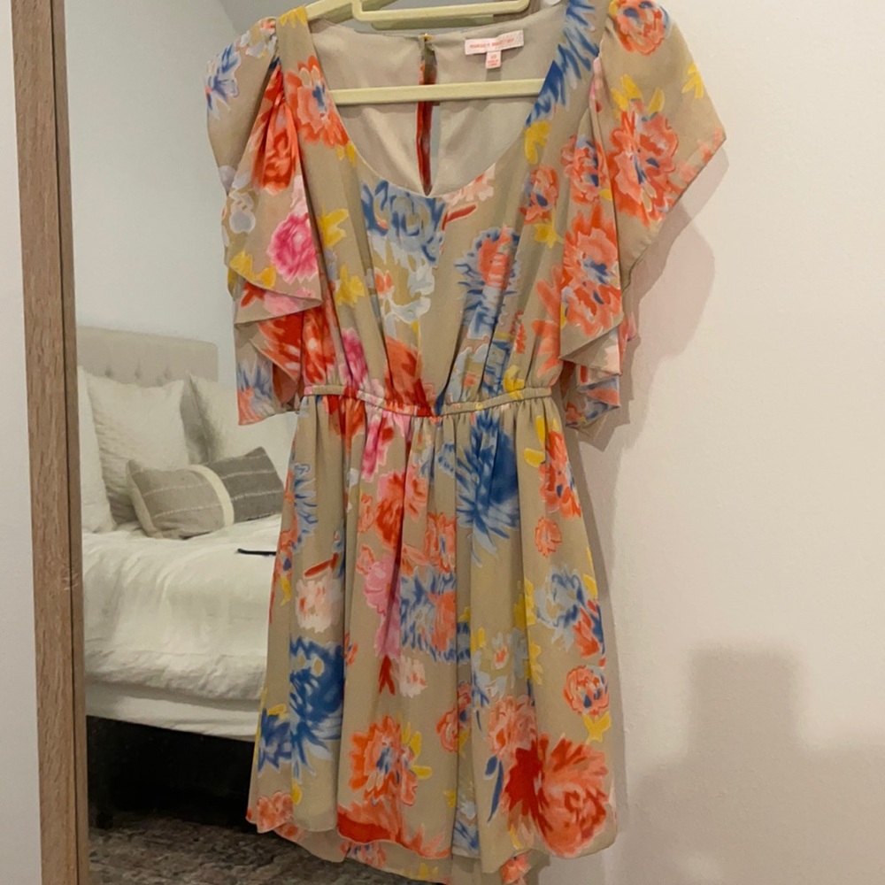 Taupe and Floral Flutter Sleeve Dress